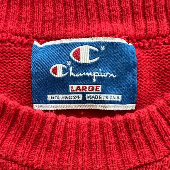 Vintage Knit Champion Crewneck Sweater Red USA Made Solid Unisex L 80s 90s - Picture 2 of 9
